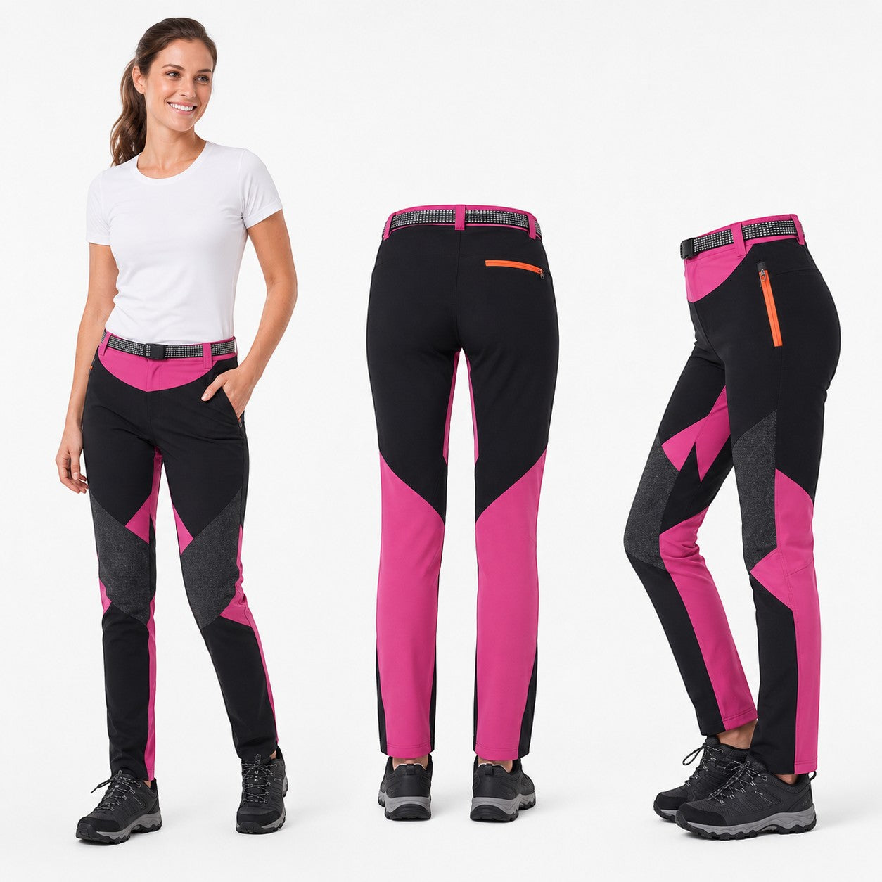 Pantalon de randonnée femme noir et rose Passion Randonnée, avec empiècements colorés, poche zippée et coupe ajustée pour les sentiers.