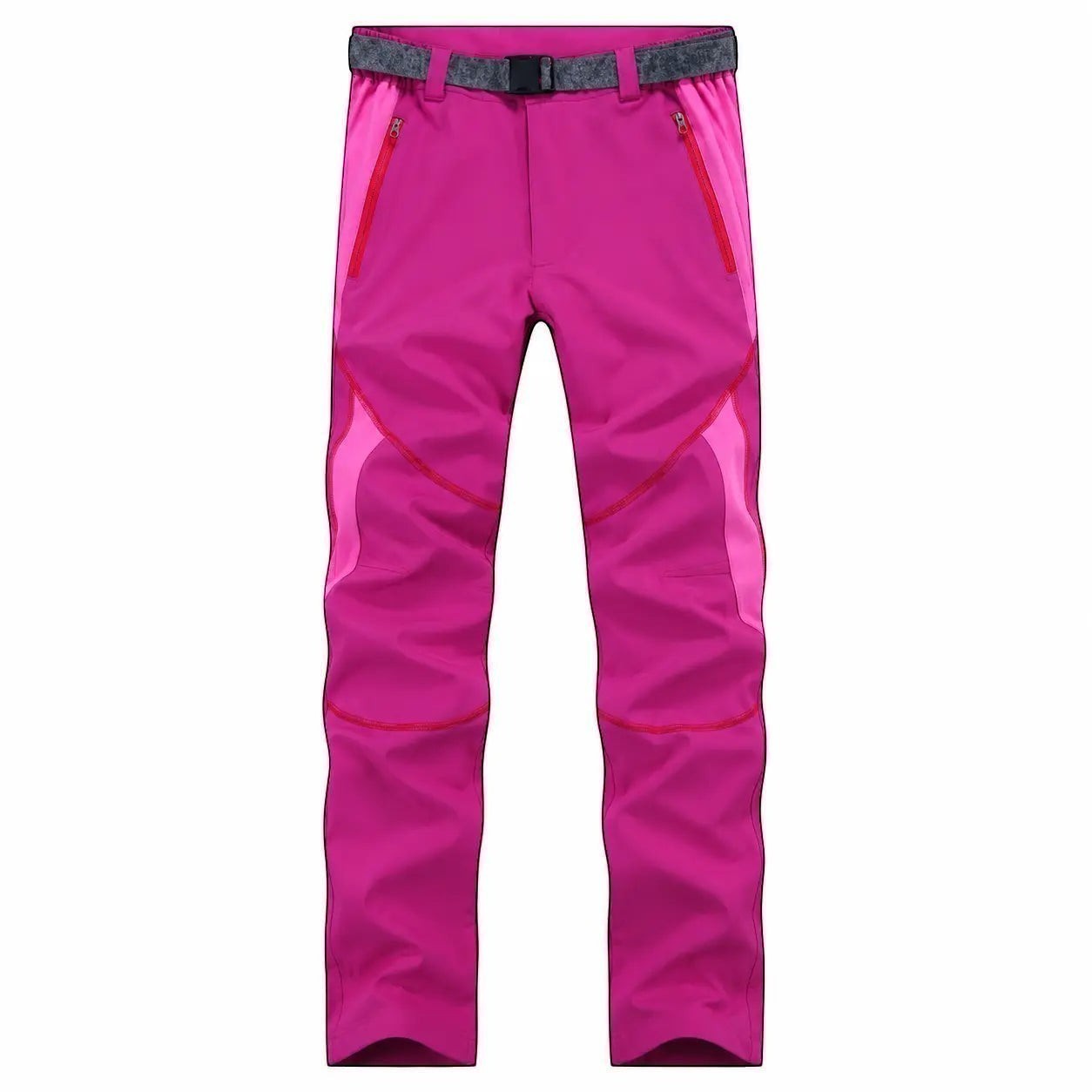 Pantalon de randonnée femme rose Passion Randonnée, vue de face, avec ceinture intégrée et empiècements renforcés pour la randonnée.