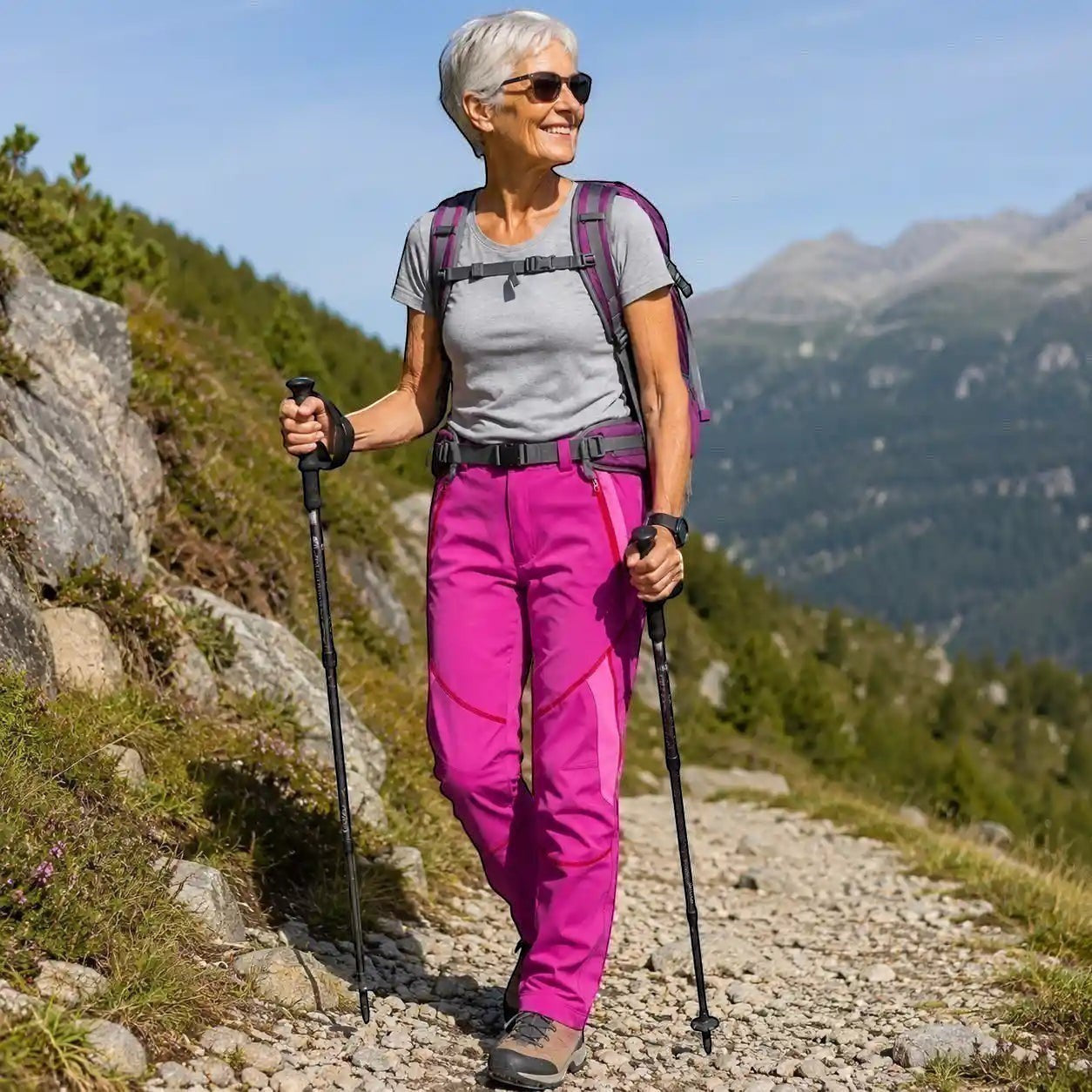 Femme senior portant un pantalon de randonnée rose Passion Randonnée en montagne, avec bâtons de marche et tenue adaptée aux sorties outdoor.