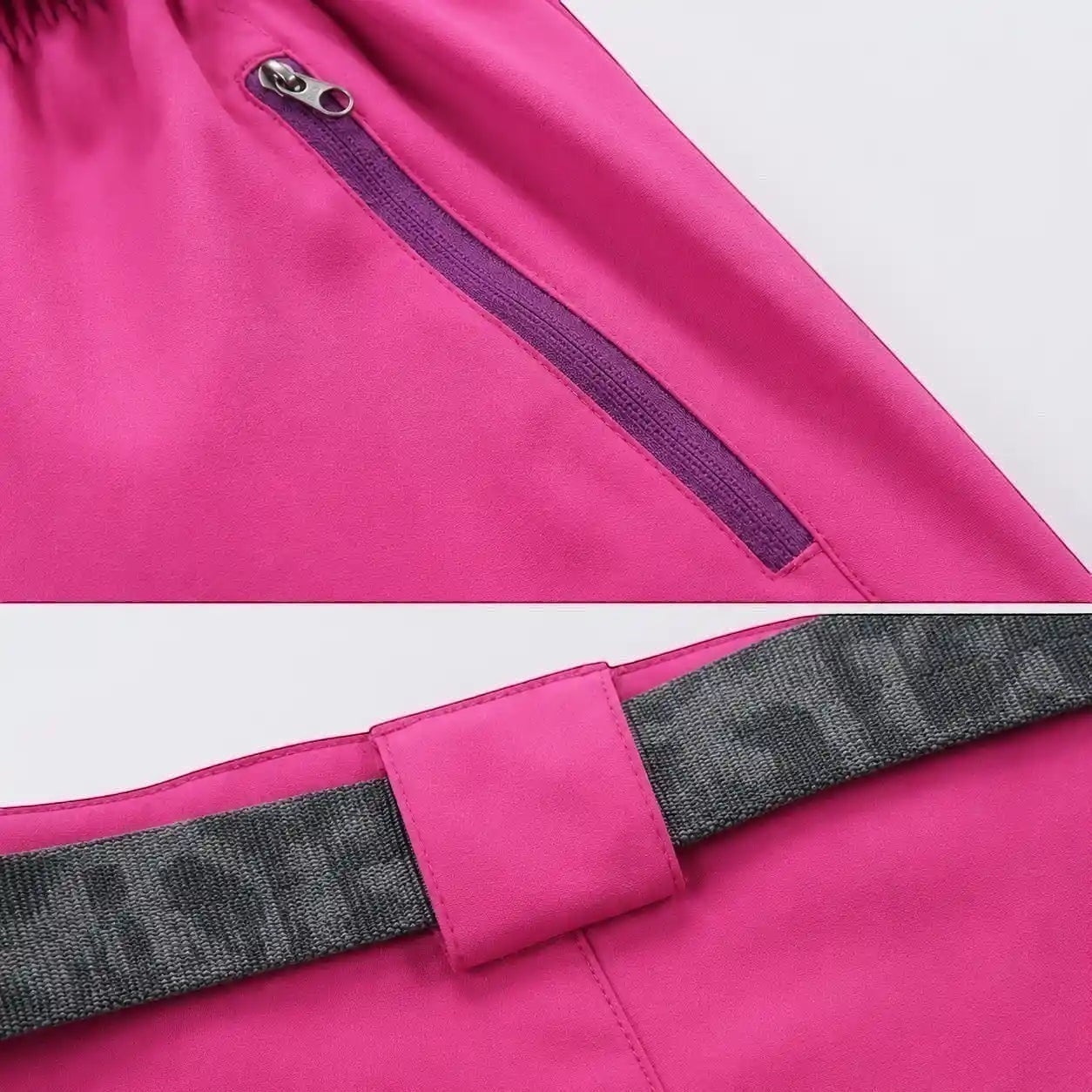 Détails du pantalon de randonnée femme Passion Randonnée avec poche zippée, ceinture réglable et tissu technique rose.