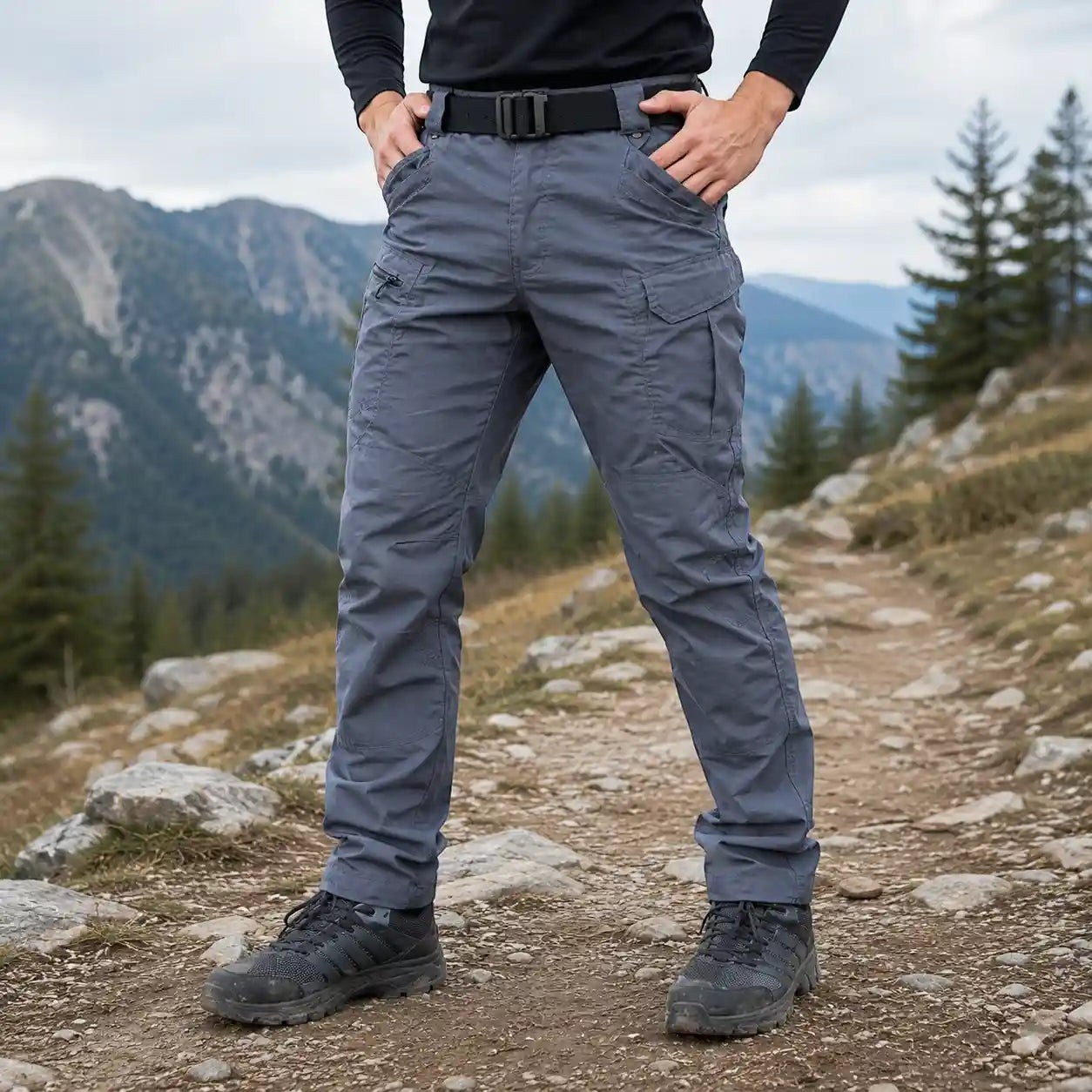 Pantalon de randonnée gris bleuté Passion Randonnée avec poches cargo, porté sur un sentier de montagne pour une marche confortable.