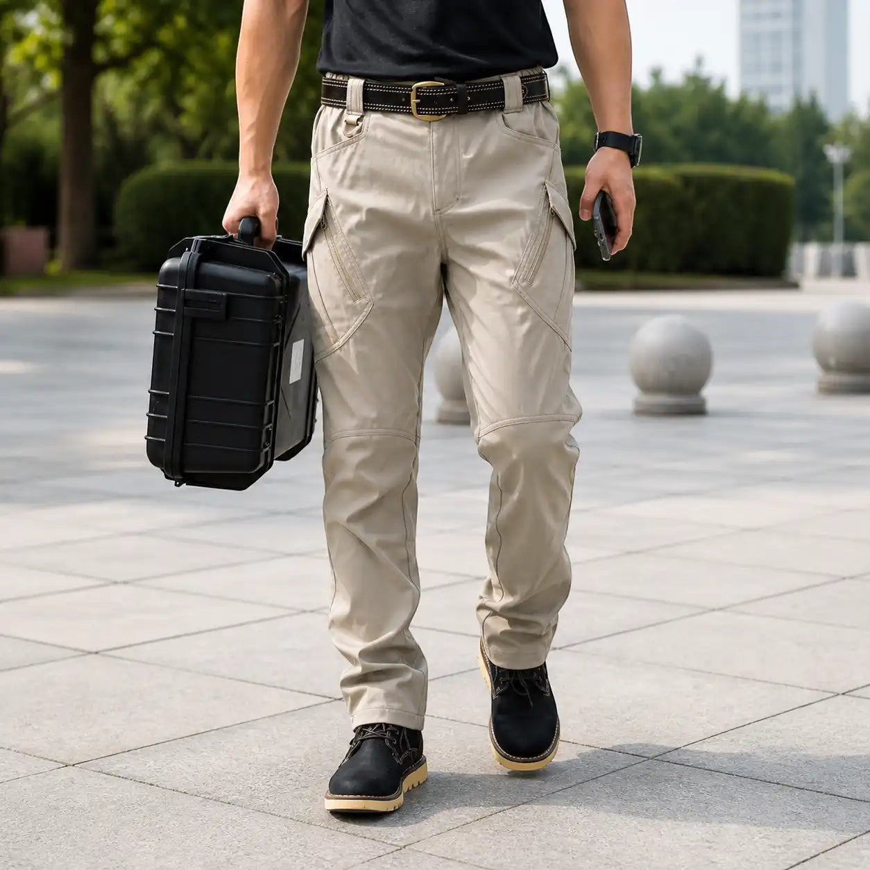 Pantalon de randonnée cargo pour homme « Passion Randonnée » de couleur beige, confectionné dans un mélange résistant de polyester et d'élasthanne, doté de nombreuses poches zippées et de genoux renforcés.