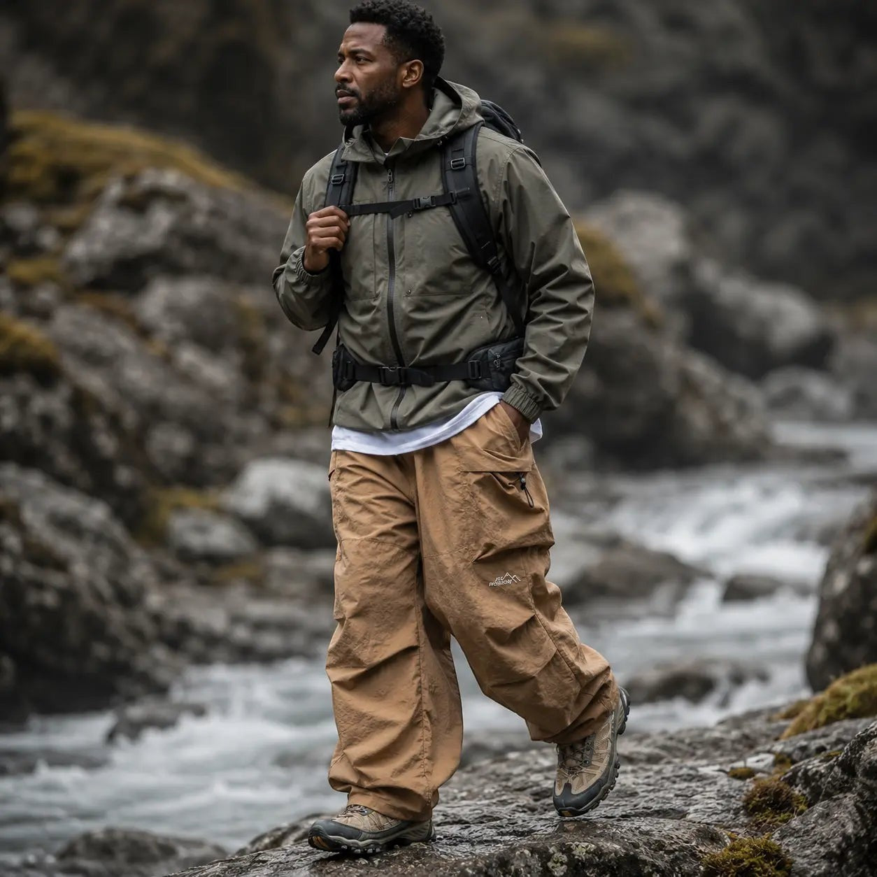 Homme portant un pantalon de randonnée beige Passion Randonnée dans un décor naturel, idéal pour les activités outdoor et les sentiers.