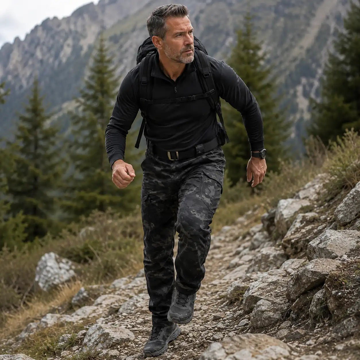 Homme en mouvement avec un pantalon de randonnée camouflage noir Passion Randonnée, idéal pour la marche, le trekking et les sorties outdoor.