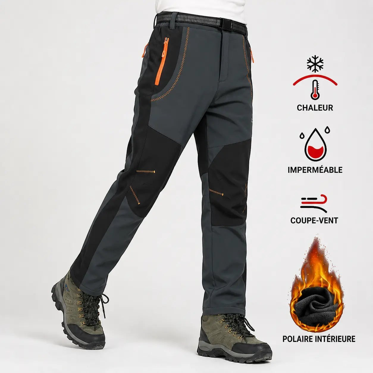 Pantalon de randonnée pour homme Passion Randonnée, gris foncé et noir, avec des détails de fermetures éclair orange, doublé en polaire pour plus de chaleur et coupe-vent.