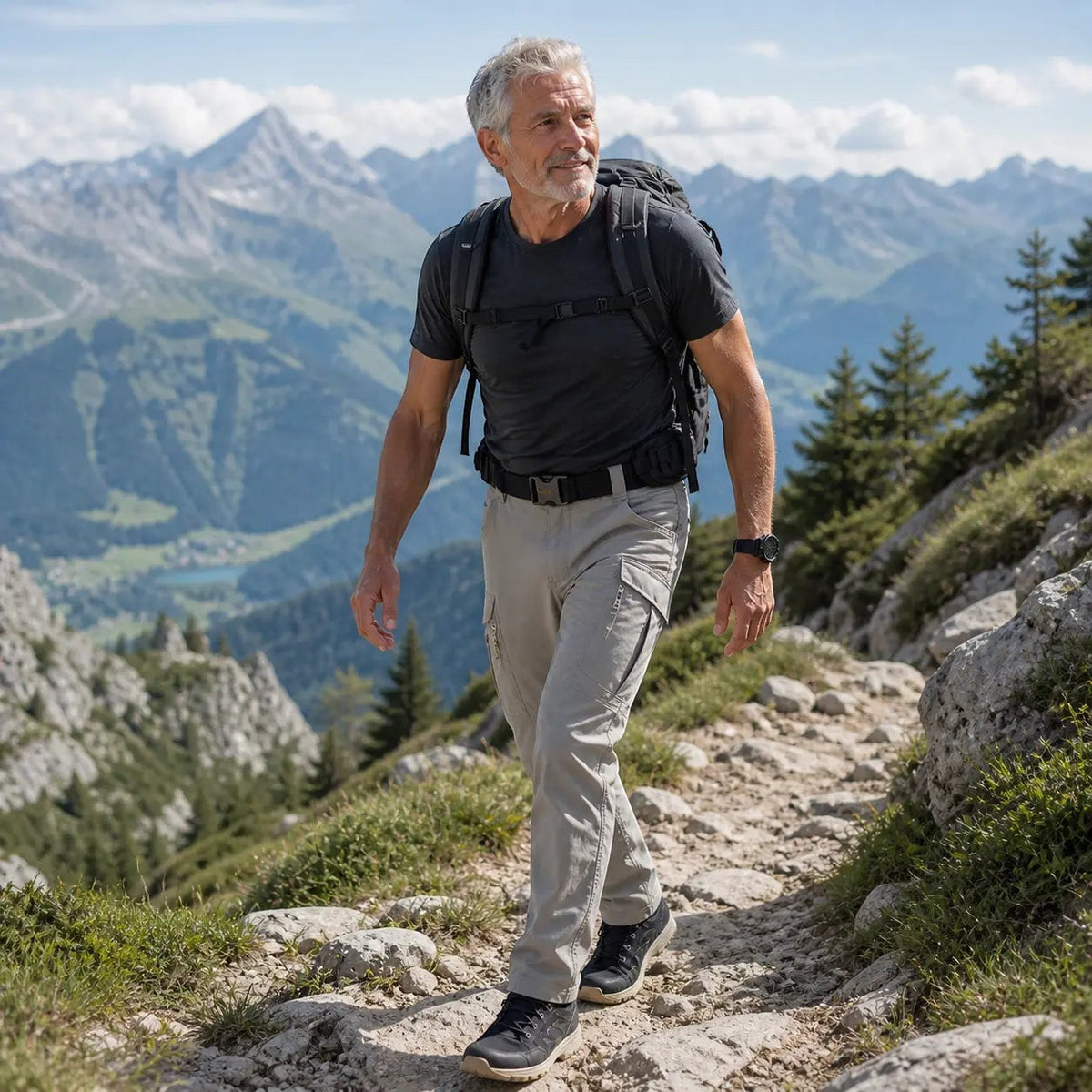 Pantalon de randonnée cargo pour homme « Passion Randonnée », gris clair, en tissu technique extensible, doté de nombreuses poches.