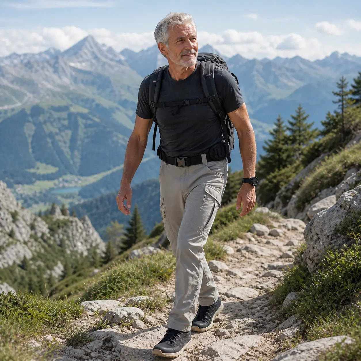 Pantalon de randonnée cargo pour homme « Passion Randonnée », gris clair, en tissu technique extensible, doté de nombreuses poches.