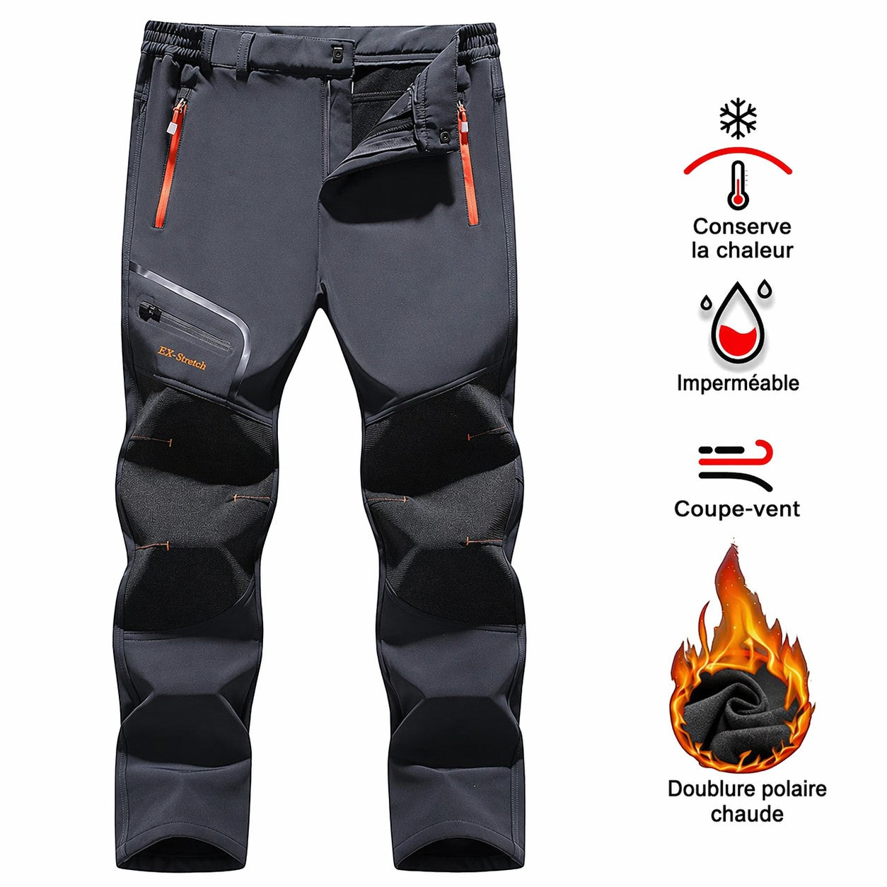 Pantalon de randonnée d'hiver isolant pour homme Passion Randonnée, gris foncé, avec des détails de fermeture éclair orange et des genoux renforcés.