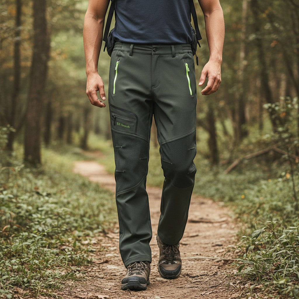 Pantalon de randonnée d'hiver isolant pour homme Passion Randonnée, de couleur vert foncé, avec genoux renforcés et poches zippées.