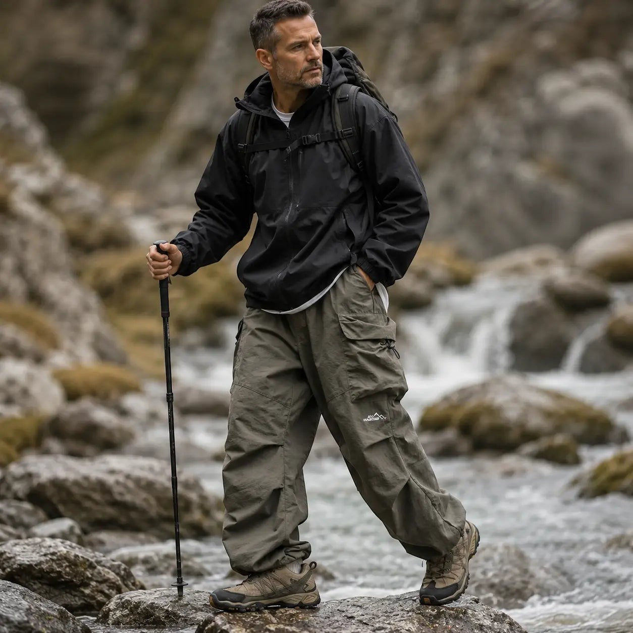 Homme portant un pantalon de randonnée kaki Passion Randonnée au bord d’une rivière, avec coupe ample et style cargo pour les sorties outdoor.