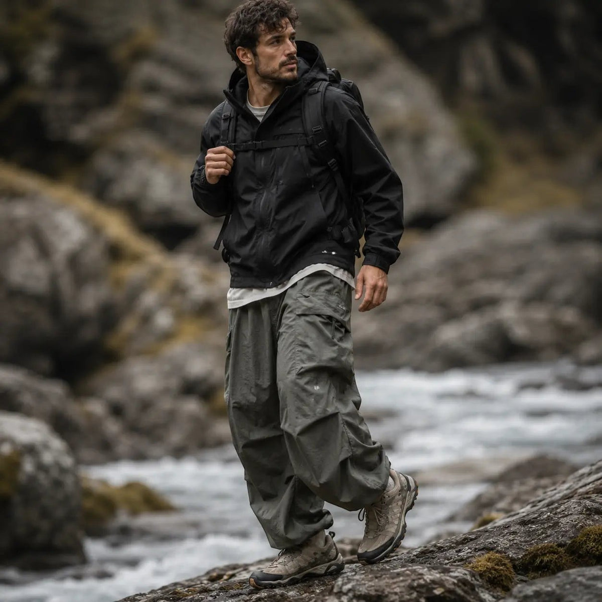 Homme en marche avec un pantalon de randonnée kaki Passion Randonnée, coupe ample et poches pratiques pour les sorties en montagne.