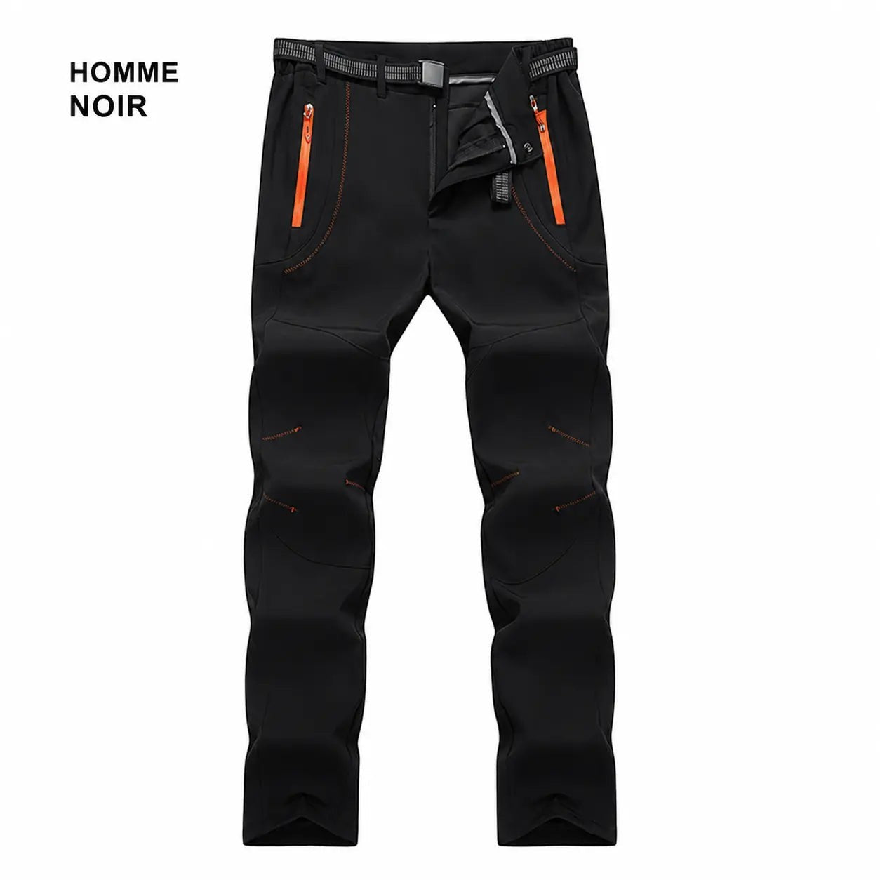 Pantalon de randonnée pour homme Passion Randonnée en polyester noir, avec des détails de fermeture éclair orange et une ceinture réglable.
