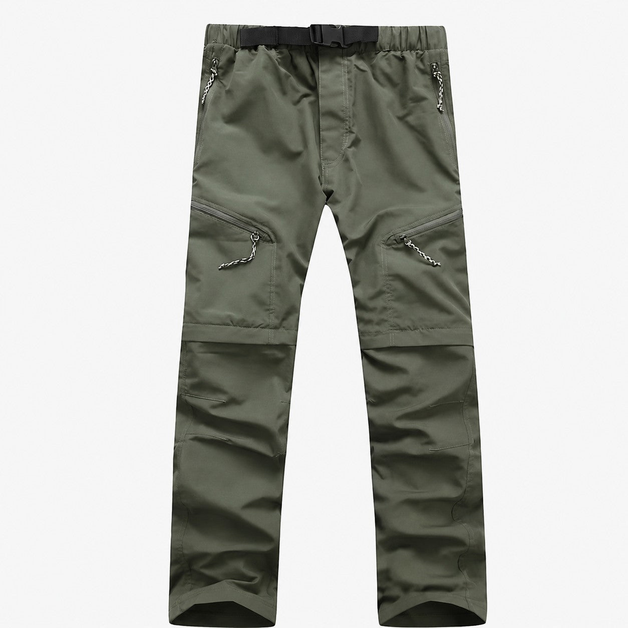 Pantalon de randonnée kaki Passion Randonnée présenté de face, avec jambes amovibles, poches zippées et ceinture ajustable.