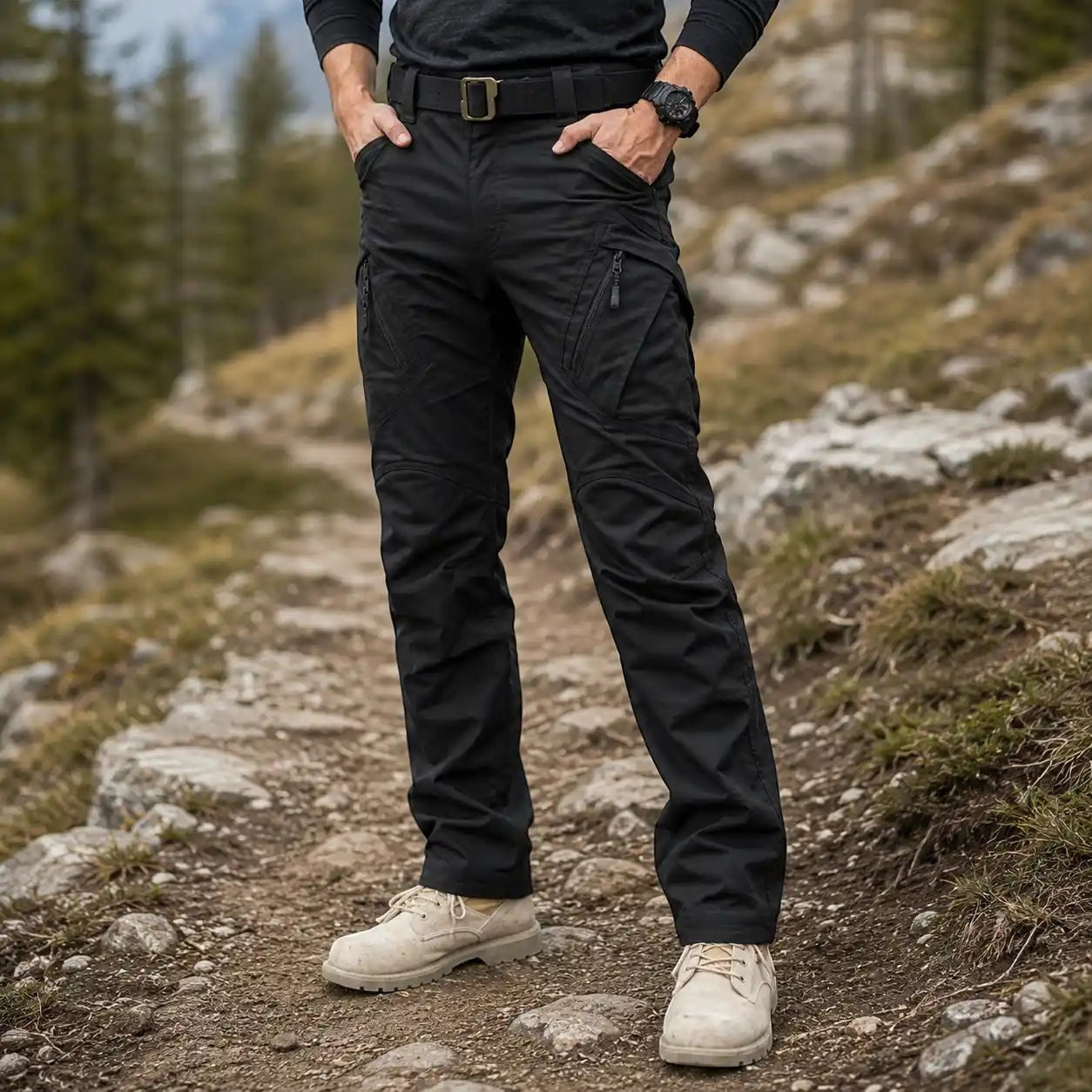 Pantalon de randonnée noir Passion Randonnée avec poches zippées, coupe droite et tissu pratique pour les activités en extérieur.