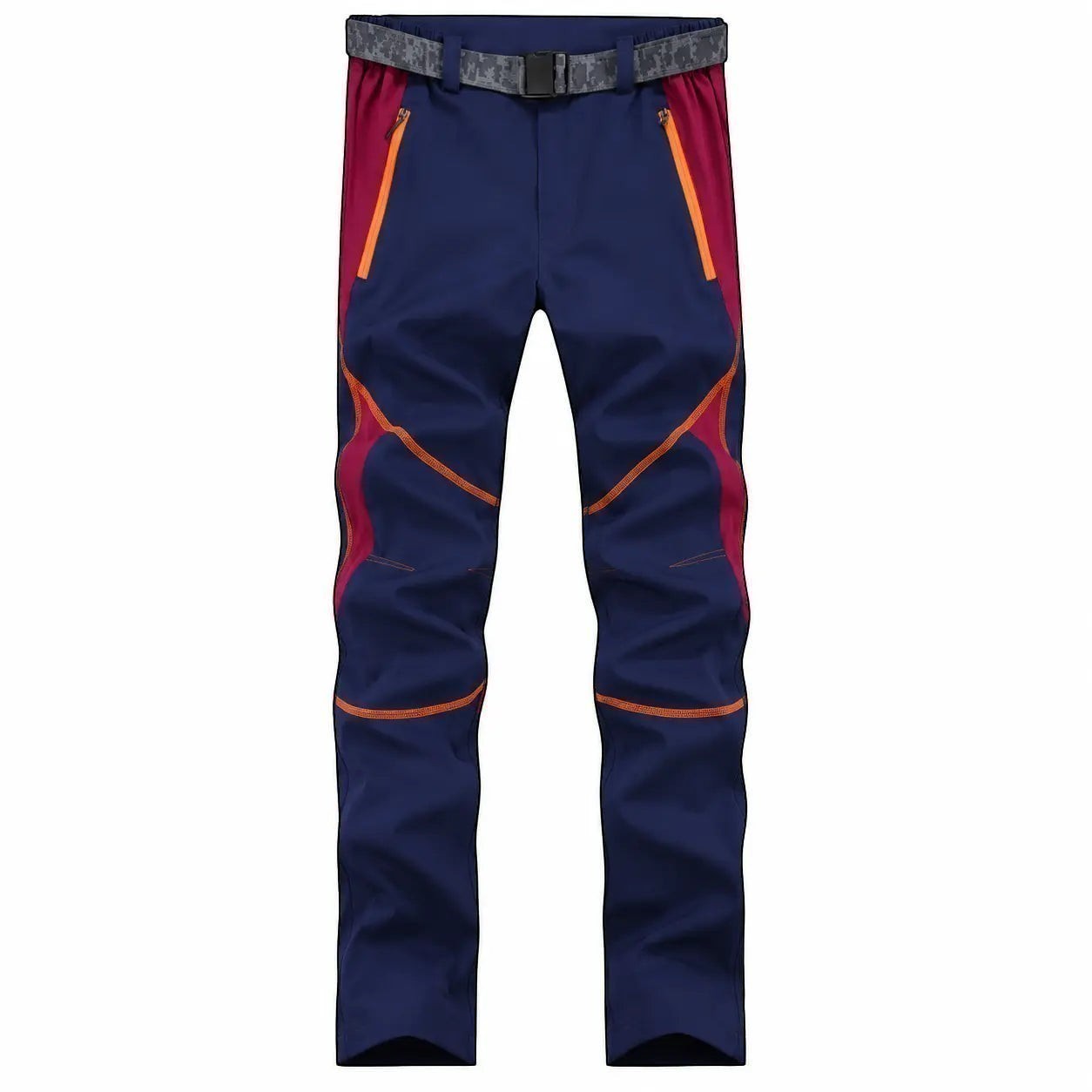 Pantalon de randonnée femme bleu Passion Randonnée, vue de face, avec détails orange, ceinture réglable et coupe confortable pour la marche.