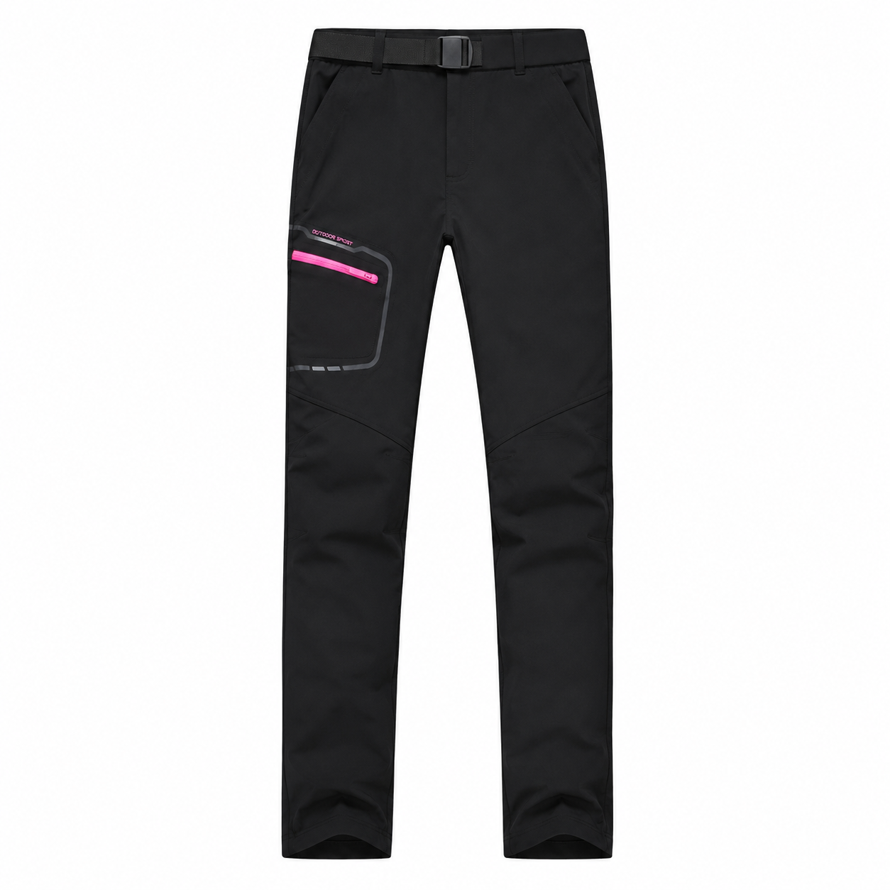 Pantalon de trekking femme noir Passion Randonnée présenté sur fond blanc, avec tissu léger, coupe droite, poche zippée rose et détails réfléchissants pour la randonnée d’été.