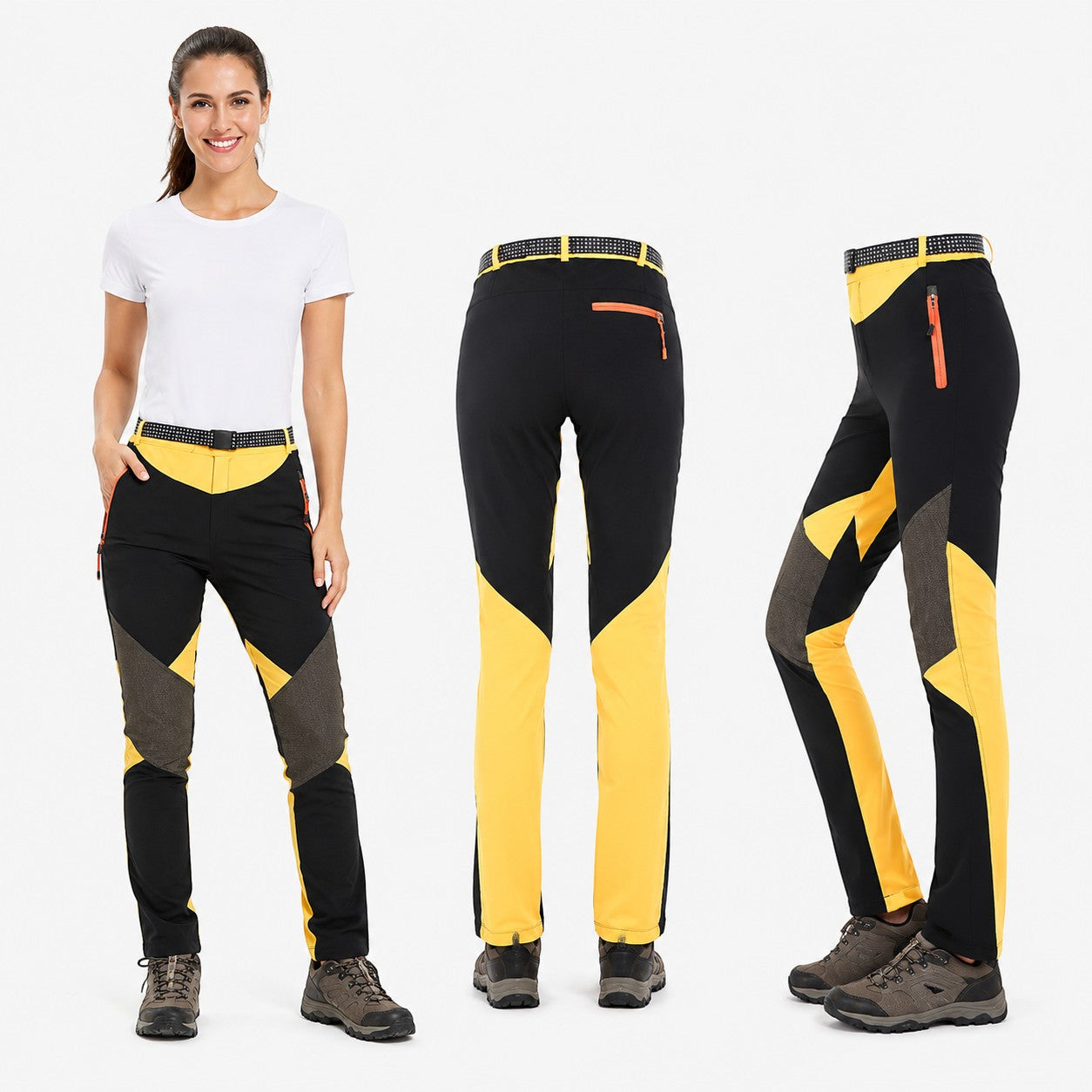 Pantalon de trekking femme noir et jaune Passion Randonnée présenté porté, de dos et de côté, avec détails contrastés et ceinture intégrée.