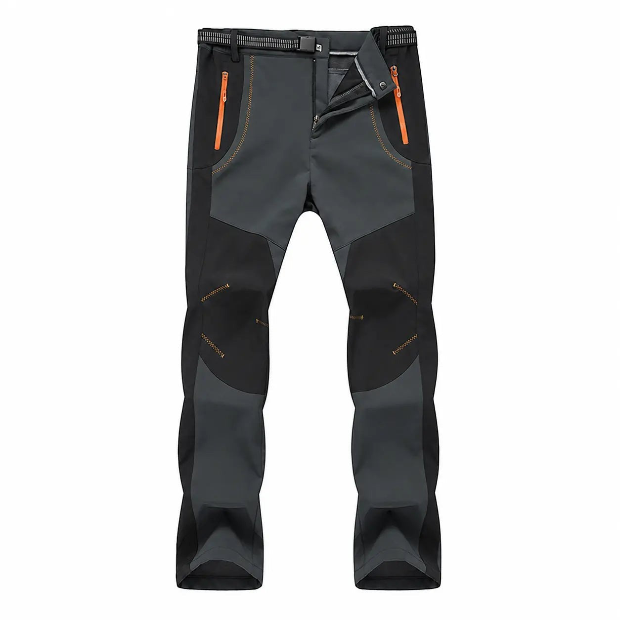 Pantalon de randonnée chaud pour homme Passion Randonnée, en polyester gris anthracite et noir, avec des détails de fermeture éclair orange et une ceinture réglable.