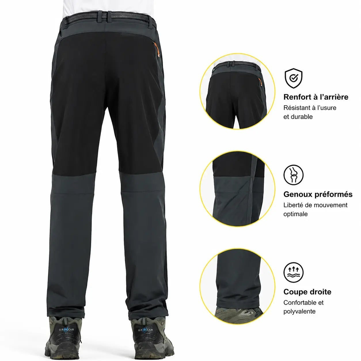 Pantalon de randonnée chaud pour homme Passion Randonnée, en polyester noir et gris, avec genoux renforcés et coupe droite, idéal pour la randonnée.