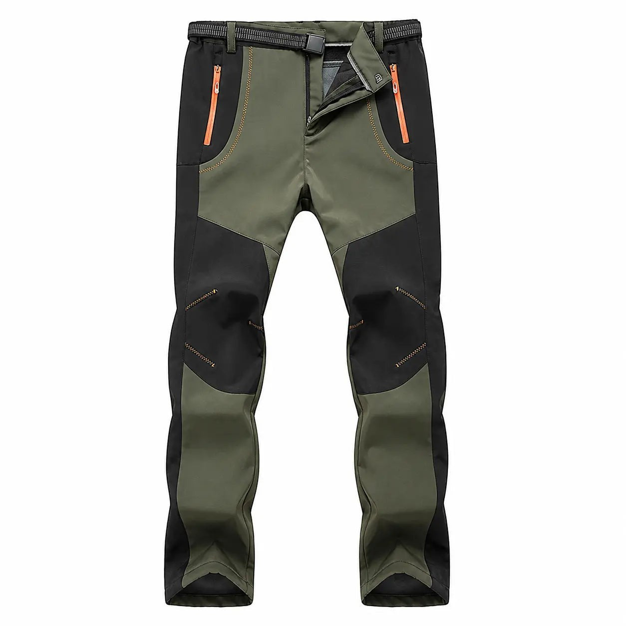 Pantalon de randonnée chaud pour homme Passion Randonnée, en polyester vert olive et noir, avec poches zippées orange et ceinture.
