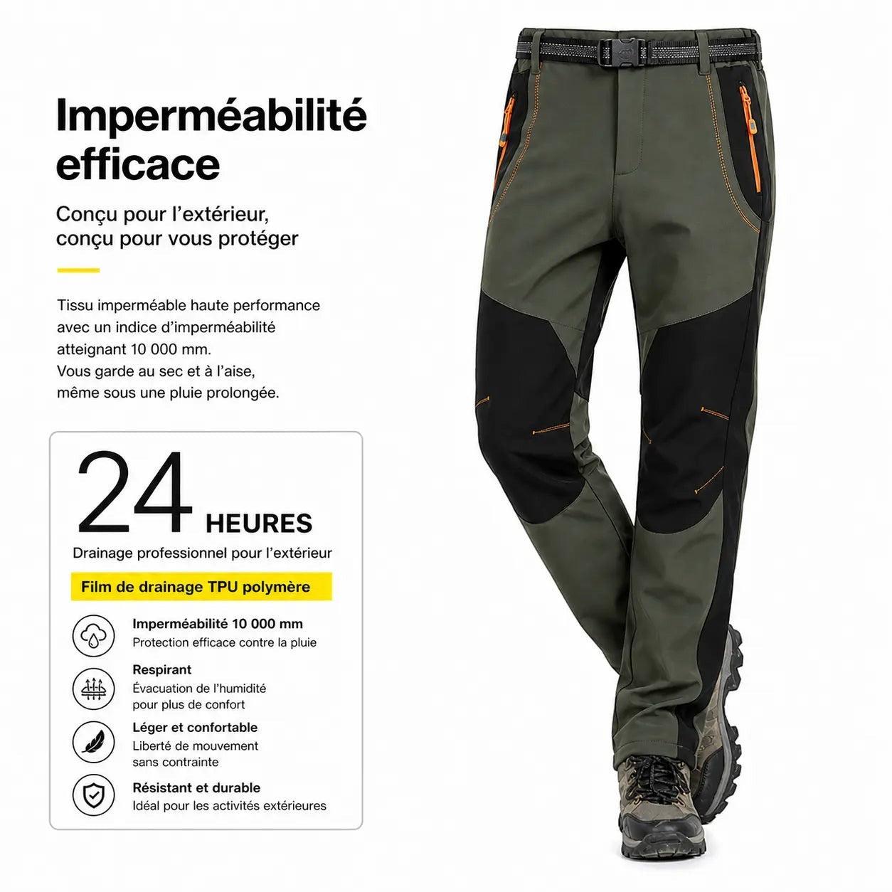 Pantalon de randonnée chaud pour homme Passion Randonnée, vert olive et noir, imperméable, respirant et résistant, idéal pour la randonnée.