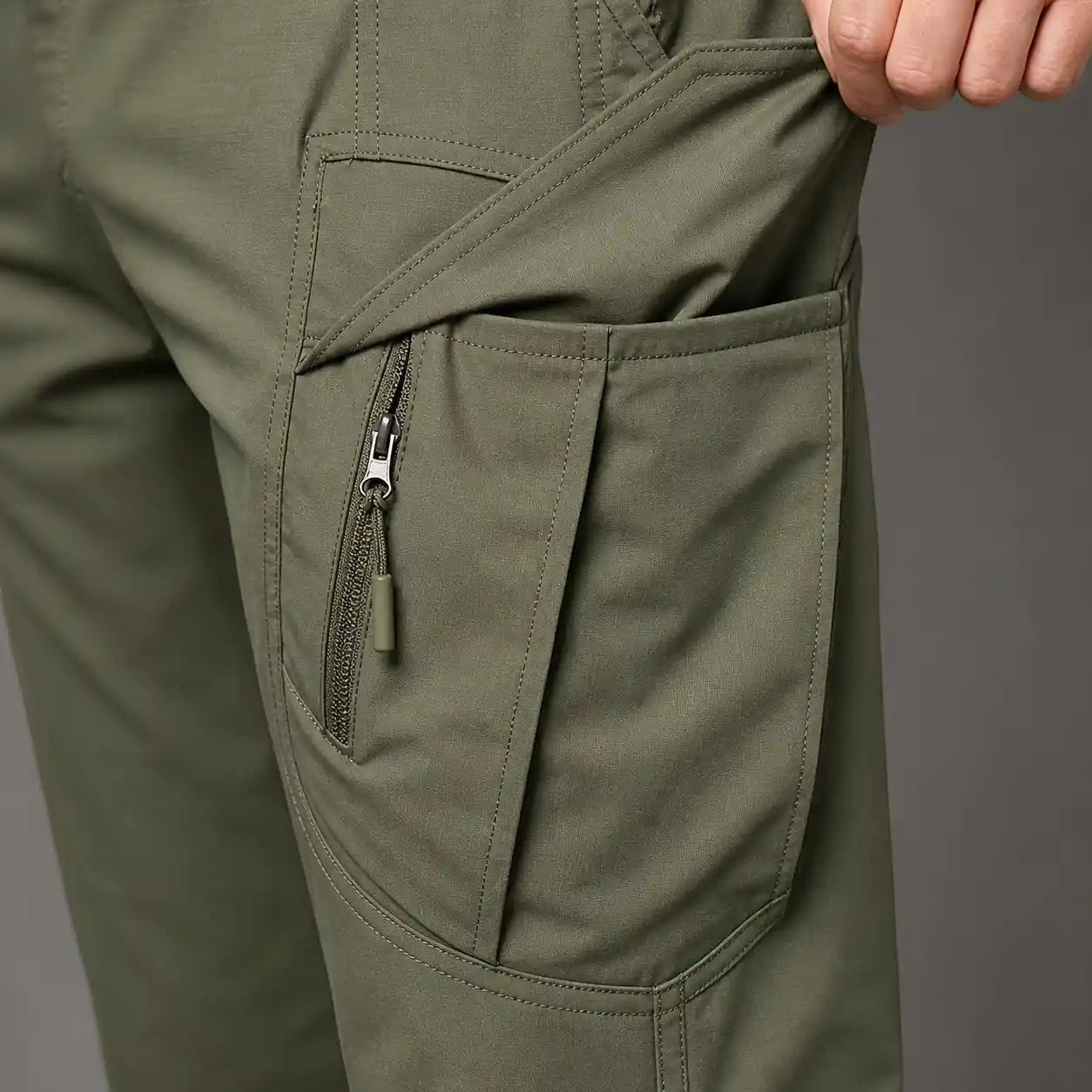 Pantalon de randonnée cargo pour homme Passion Randonnée, vert olive, avec poche zippée et tissu technique résistant.