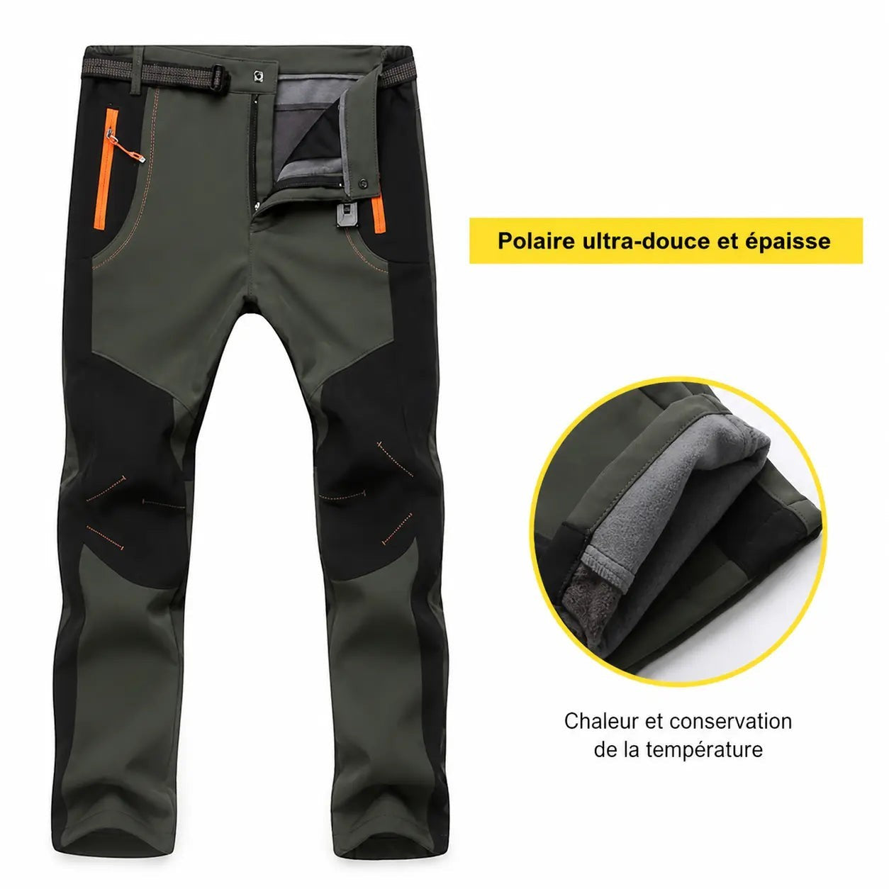 Pantalon de randonnée chaud pour homme Passion Randonnée, en polyester vert foncé et noir, avec doublure en polaire et détails de fermeture éclair orange.