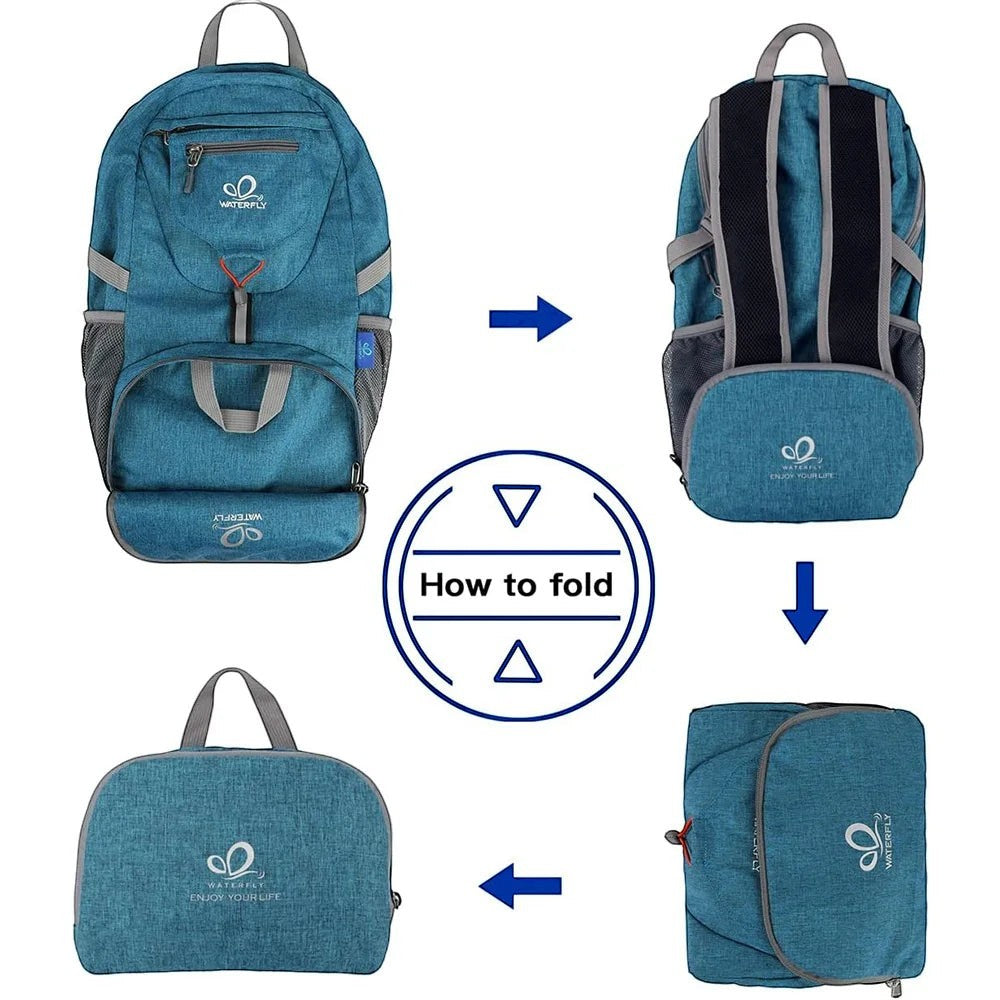 Sac à dos de randonnée compact et pliable Passion Randonnée bleu 20 L, en nylon ripstop, avec ceinture rembourrée.