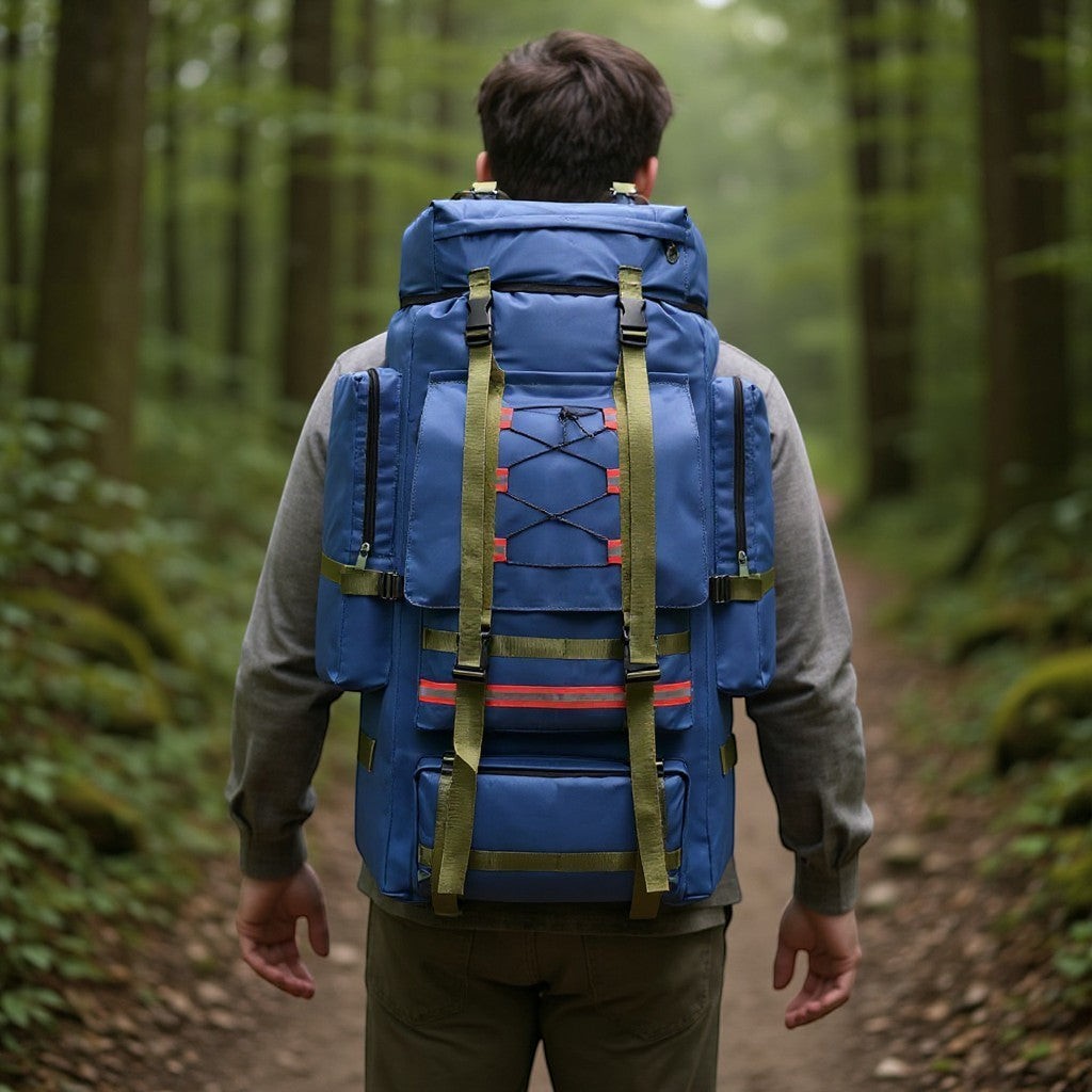 Sac à dos de randonnée Passion Randonnée bleu 130 L en polyester imperméable, avec bande réfléchissante et système d'hydratation.