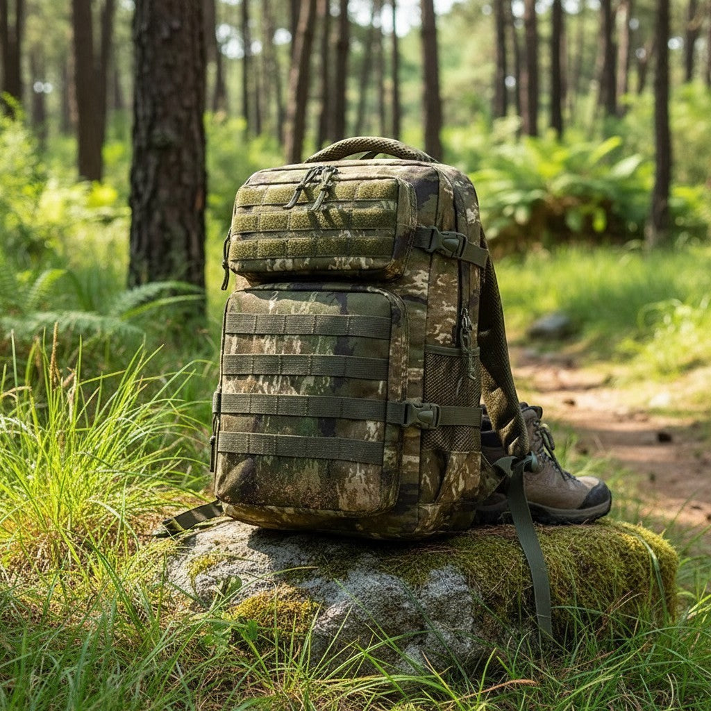 Sac à dos Passion Randonnée 35 L, motif camouflage, fabriqué en nylon et en tissu Oxford résistants, doté d'un traitement déperlant et de dispositifs antivol.