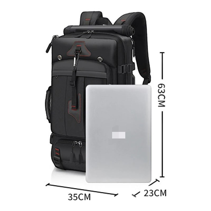 Sac à dos Oxford Passion Randonnée noir imperméable, avec des touches de rouge, de nombreux compartiments et un emplacement pour ordinateur portable. Idéal pour les voyages et la randonnée.