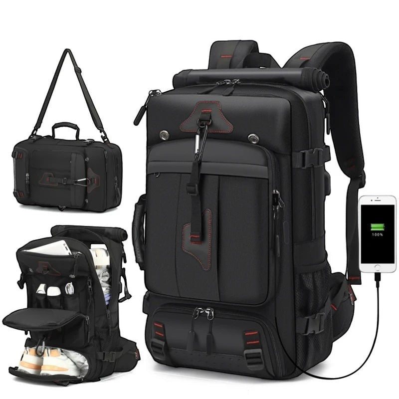 Sac à dos Oxford noir imperméable Passion Randonnée, doté de multiples compartiments et d'un port de recharge USB.