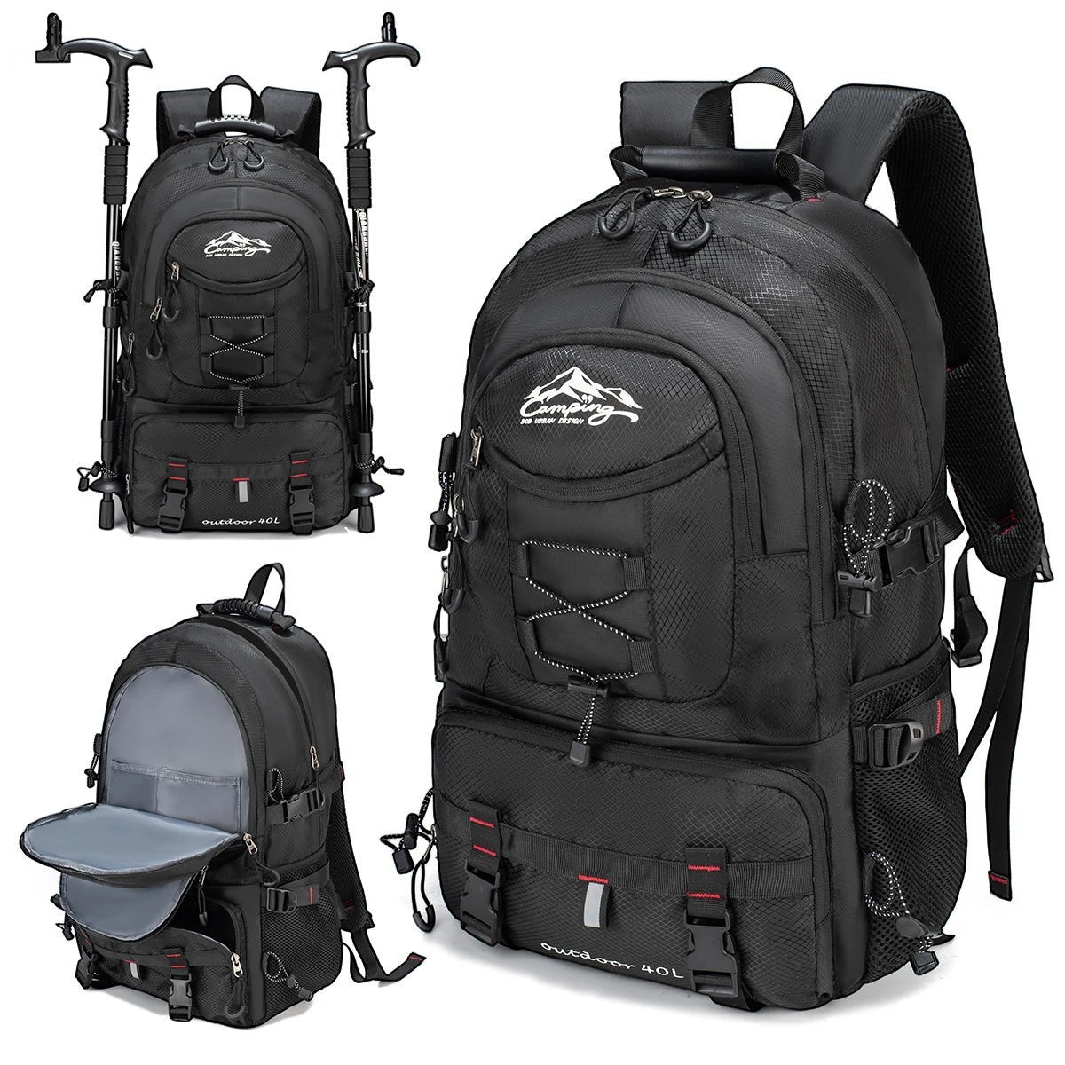 Sac à dos de randonnée Passion Randonnée en nylon noir, à multiples compartiments, avec pochette rembourrée pour ordinateur portable et bretelles réglables.