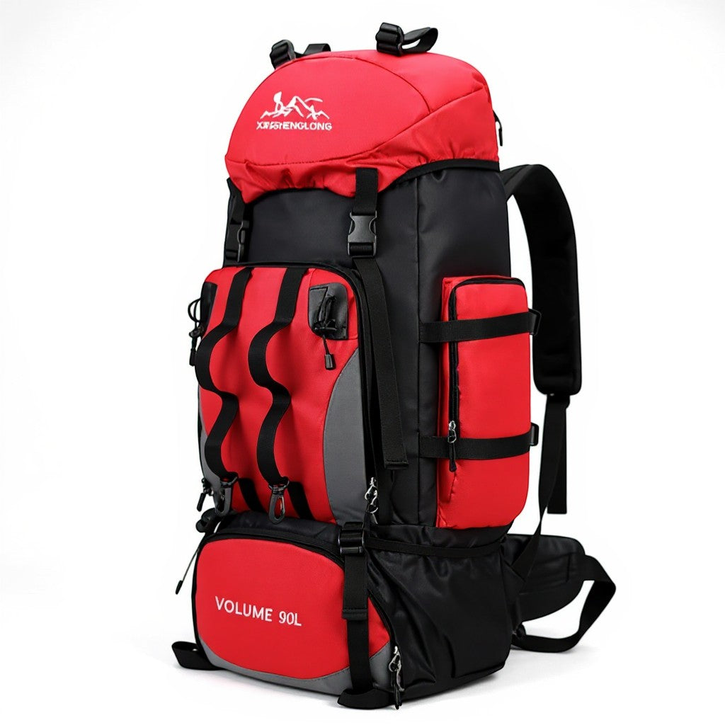 Sac à dos de randonnée et d'expédition unisexe Passion Randonnée, rouge et noir, 90 L, en nylon, doté de nombreuses sangles et poches.