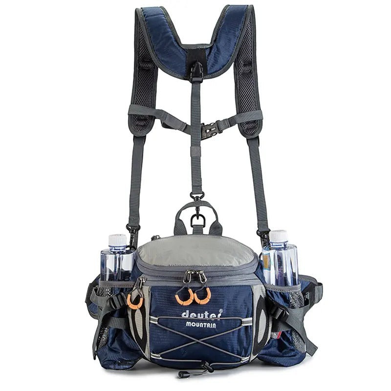 Sac banane de randonnée Passion Randonnée en nylon bleu et gris, avec deux porte-bouteilles et des sangles réglables.