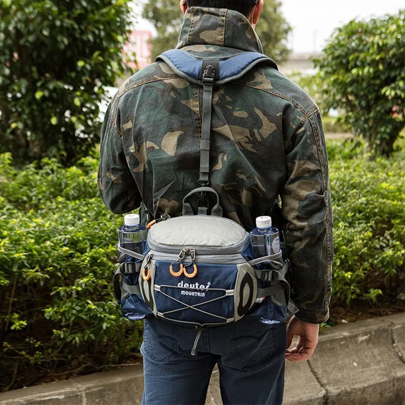 Sac banane de randonnée en nylon bleu Passion Randonnée, avec deux porte-bouteilles et une sangle réglable.