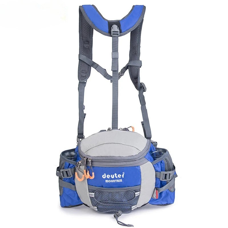 Sac banane de randonnée Passion Randonnée en nylon bleu et gris, avec porte-bouteilles et sangles réglables