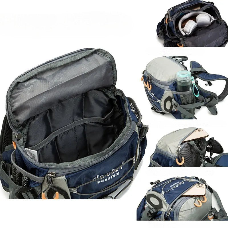 Sac banane de randonnée Passion Randonnée en nylon bleu marine et gris, avec deux porte-bouteilles et une sangle réglable.