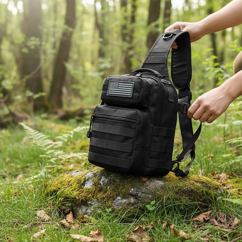 Sac à bandoulière tactique noir Passion Randonnée avec écusson représentant le drapeau américain, fabriqué en nylon résistant pour la randonnée et la chasse.
