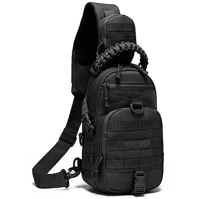 Sac à dos bandoulière Passion Randonnée noir, tactique et imperméable, avec système MOLLE et poignée en paracorde.