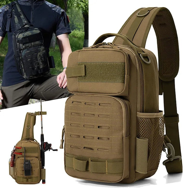 Sac à bandoulière tactique Passion Randonnée en tissu Oxford kaki, doté de multiples compartiments et d'un système de sangles MOLLE, idéal pour les activités de plein air.