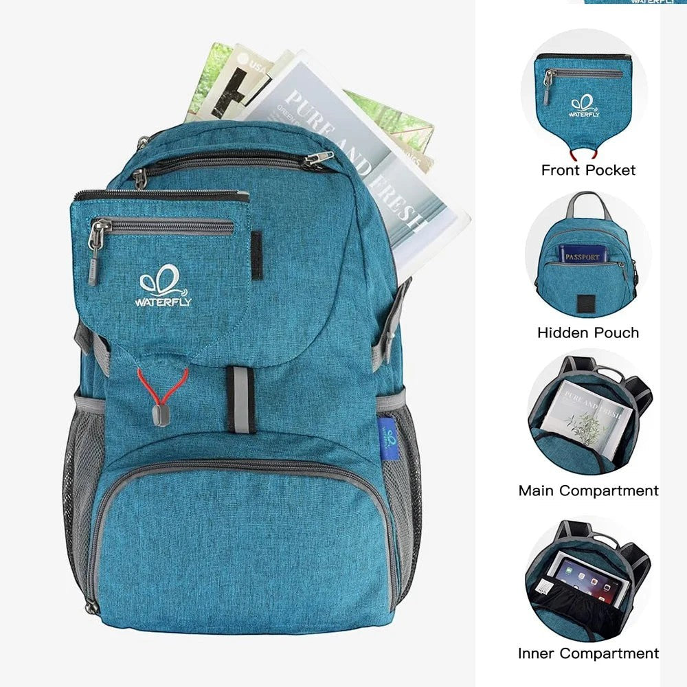 Sac à dos de randonnée Passion Randonnée bleu en nylon, 20 L, avec poche avant, pochette dissimulée, compartiment principal et compartiment intérieur.
