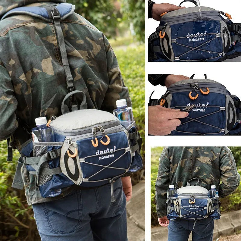 Sac banane de randonnée en nylon bleu Passion Randonnée, avec deux porte-bouteilles et une sangle réglable.