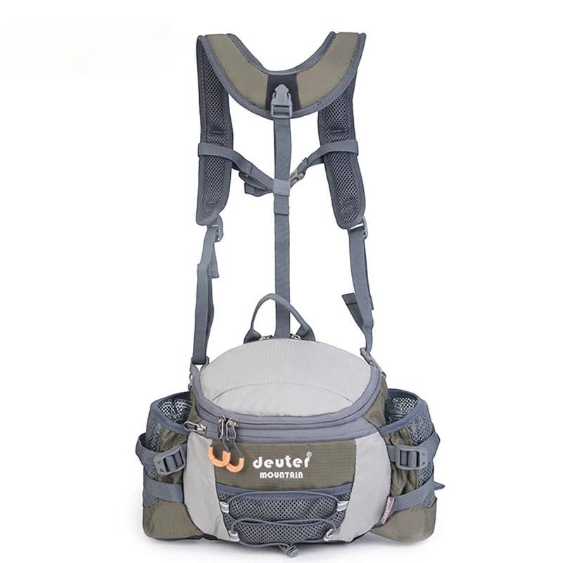 Sac banane de randonnée Passion Randonnée en nylon gris et vert, avec porte-bouteilles et sangles réglables.