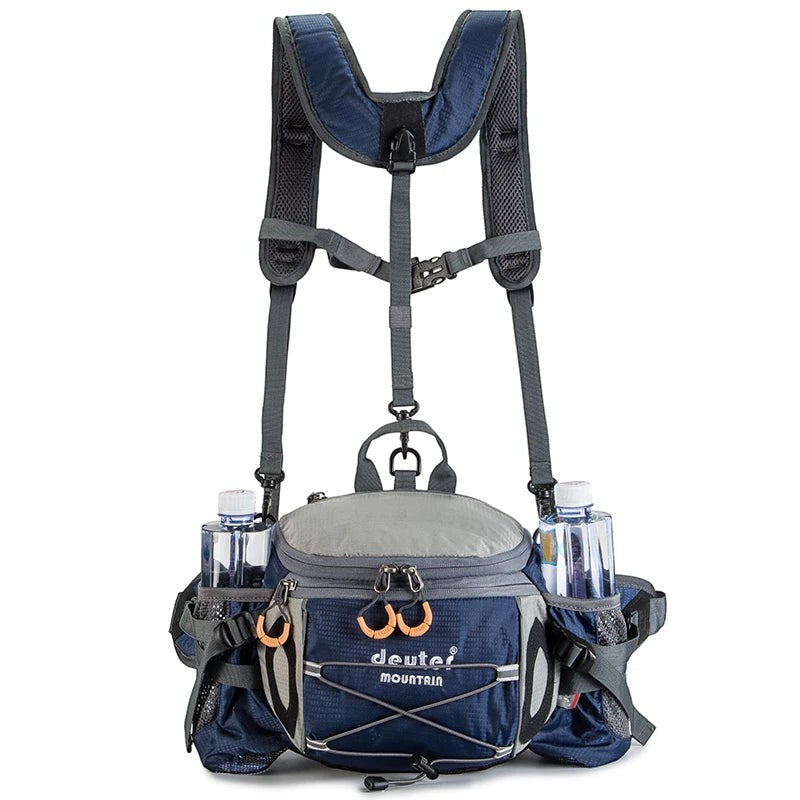 Sac banane de randonnée Passion Randonnée en nylon bleu et gris, avec deux porte-bouteilles et des sangles réglables.