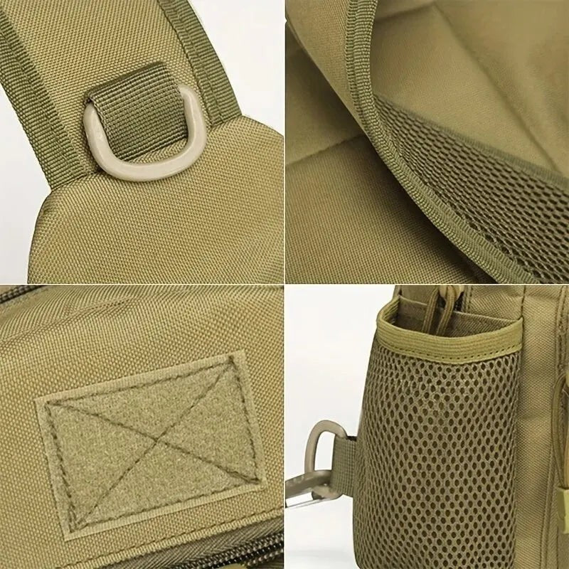 Sac à bandoulière Passion Randonnée en nylon marron, avec porte-bouteille en filet et anneau en D.