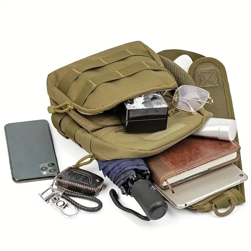 Sac à bandoulière tactique Passion Randonnée de couleur marron, fabriqué en nylon résistant, idéal pour les randonnées en plein air et un usage quotidien.