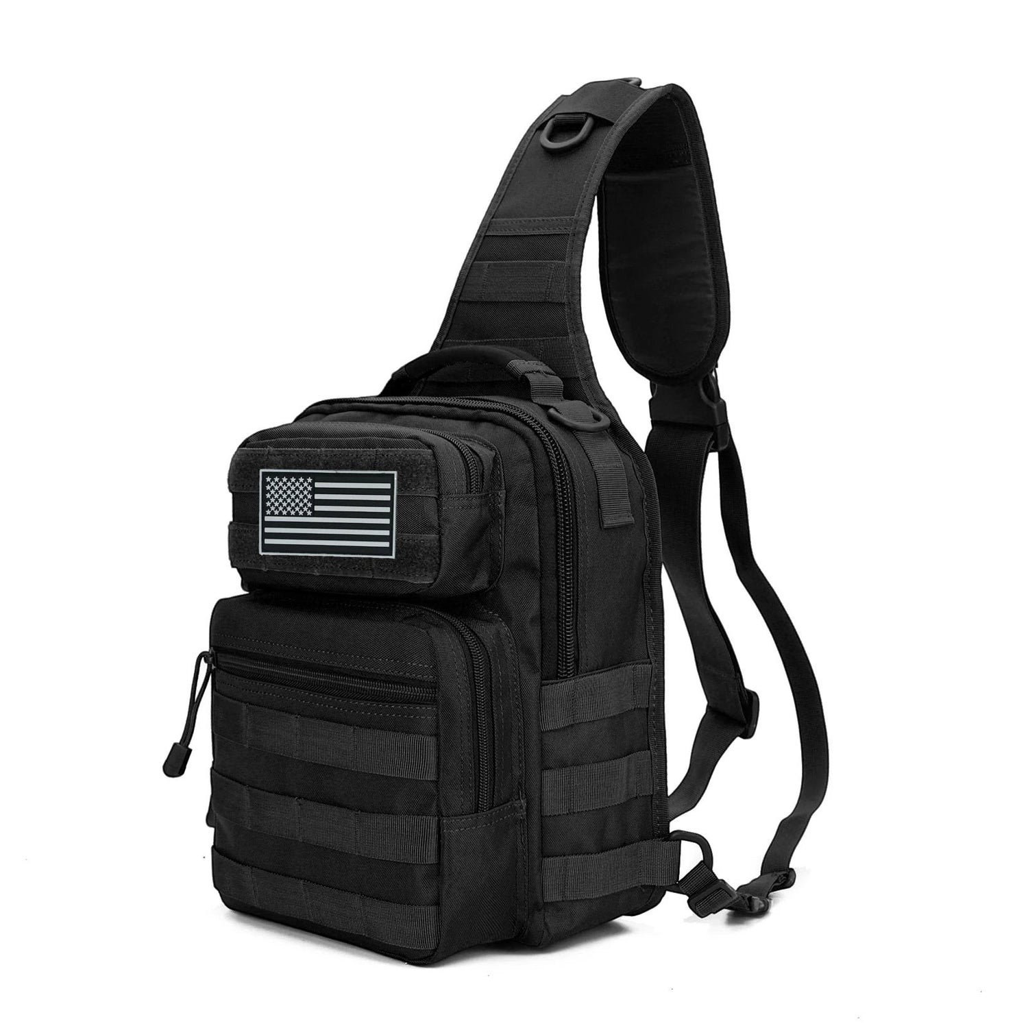 Sac à bandoulière tactique noir Passion Randonnée avec écusson représentant le drapeau américain, fabriqué en nylon résistant pour la randonnée et les activités de plein air.