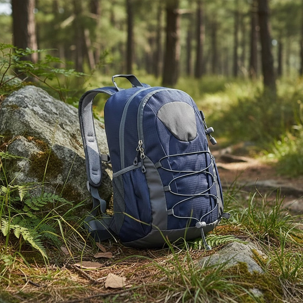 Sac à dos de randonnée Passion Randonnée en nylon léger imperméable bleu marine, avec des touches de gris et des cordons élastiques.