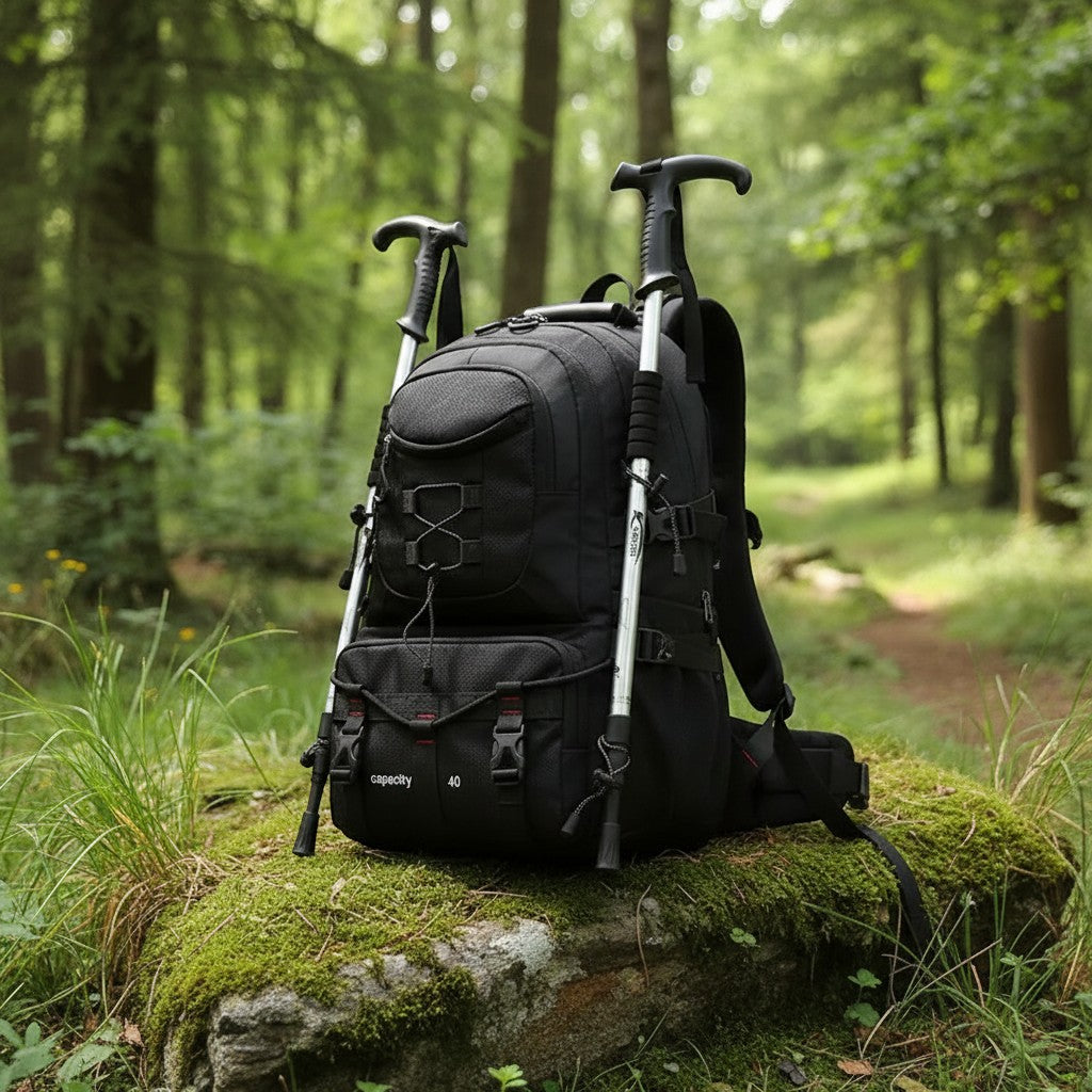 Sac à dos de trekking Passion Randonnée noir imperméable en nylon avec port USB, capacité réglable de 36 à 55 litres et ceinture Air Cushion Belt.